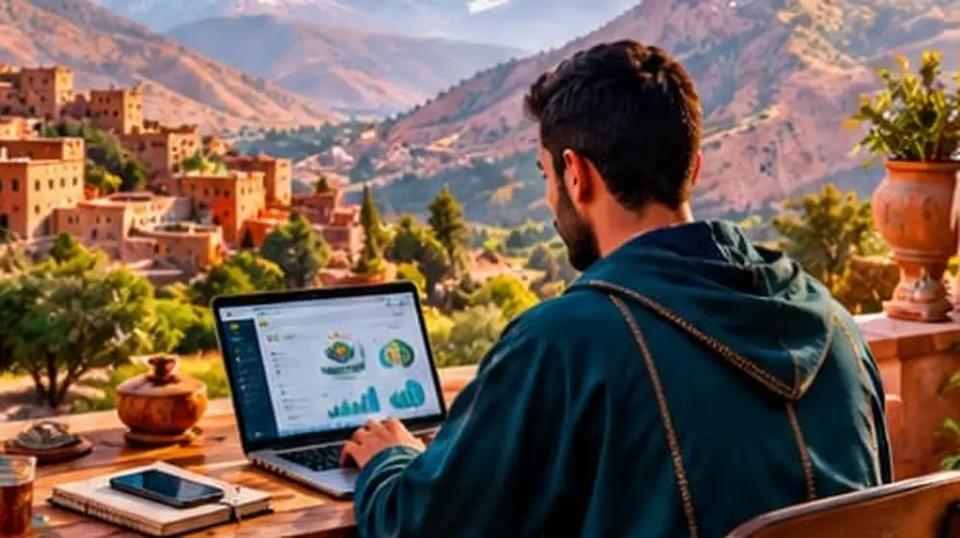 شاب يشتغل على حاسوبه في شرفة تطل على قرى وجبال الأطلس
