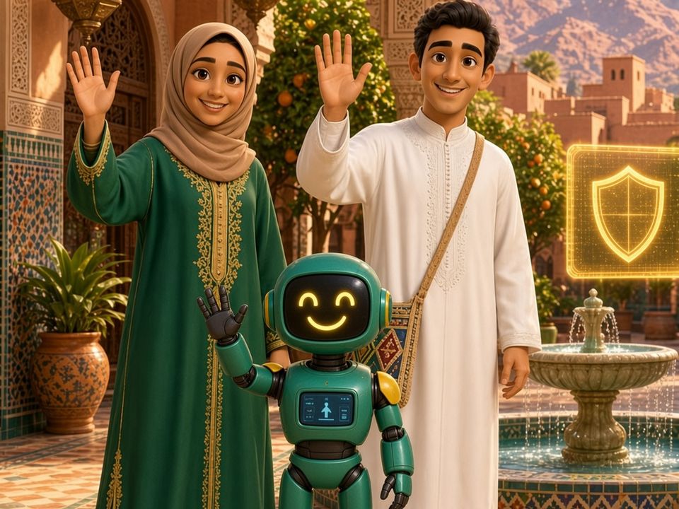 نور وآدم ونِست يلوّحون معاً أمام شاشة فيها درع الحماية
